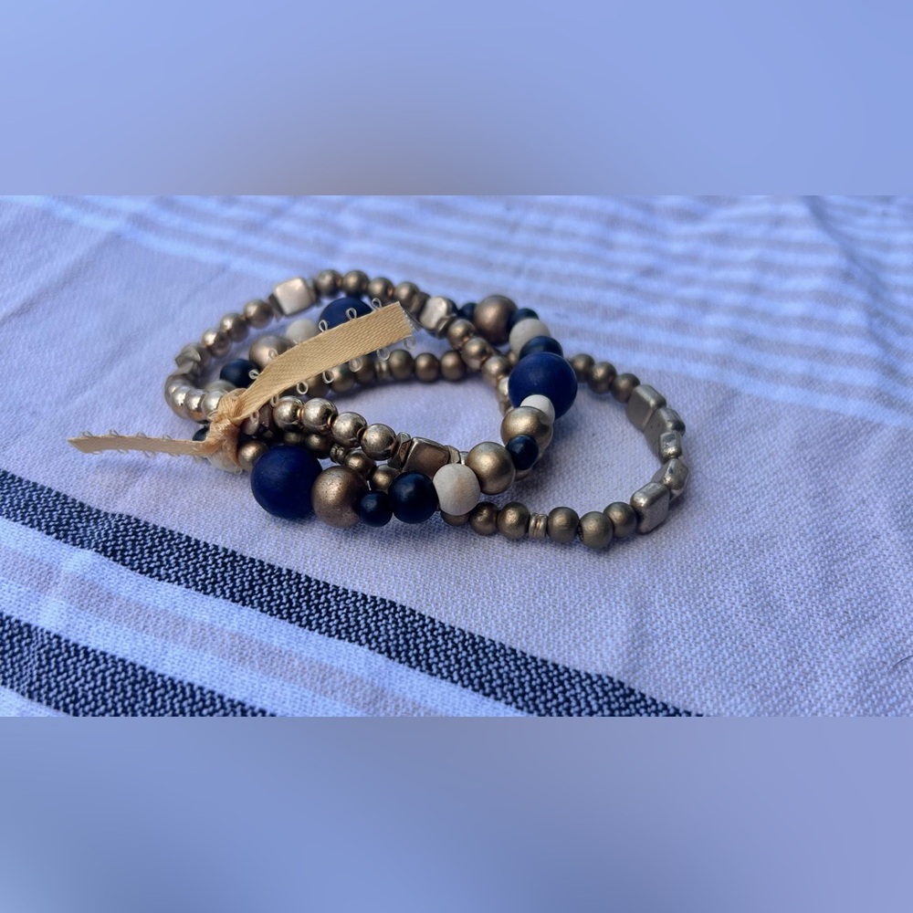 Artisan Boho Gold Tone Lapis Wood Beaded Stretch Bracelet Set Handcrafted - Picture 3 of 6